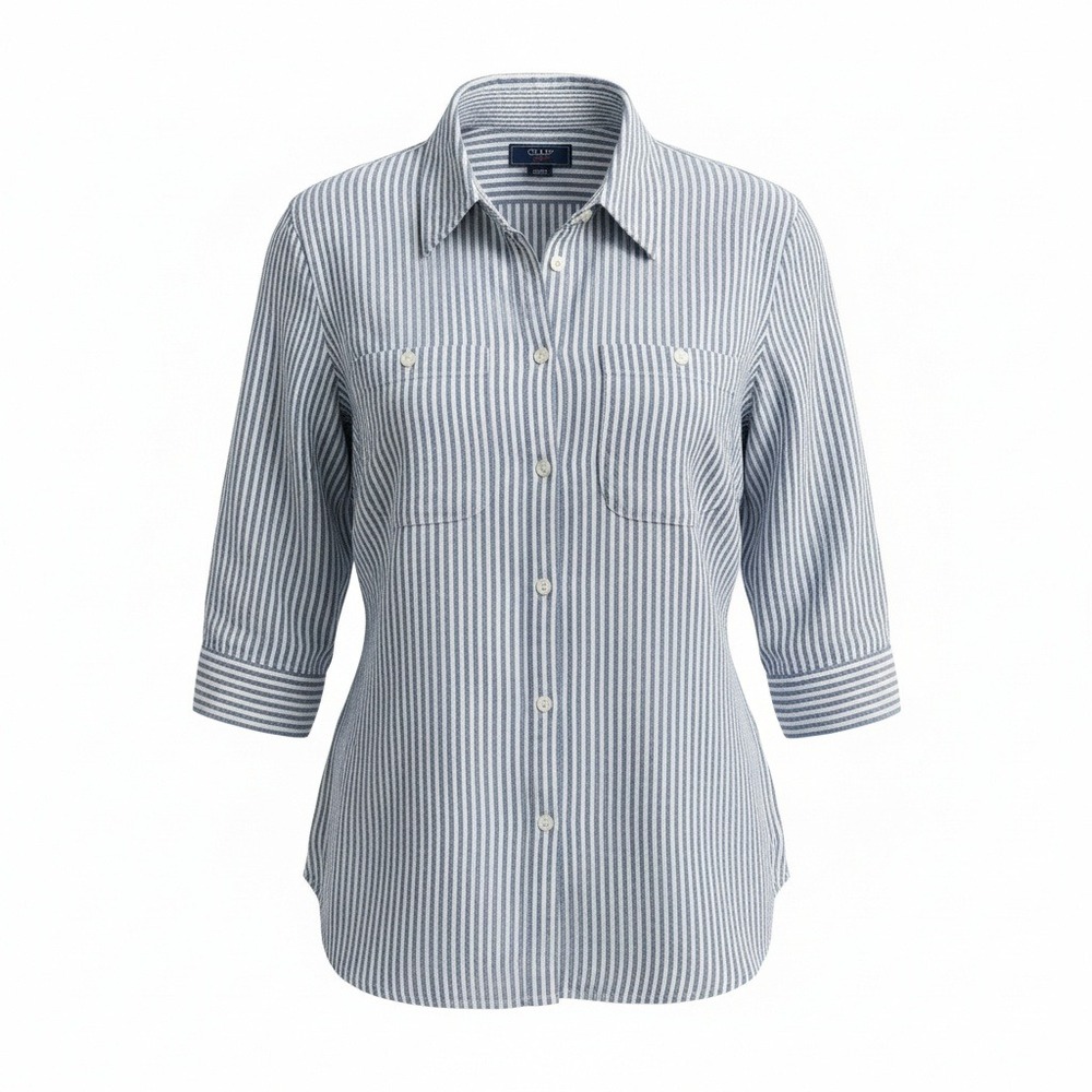 Chaps Denim Womens 1X Blue White Striped Linen Cotton Button Up 3/4 Sleeve Shirt